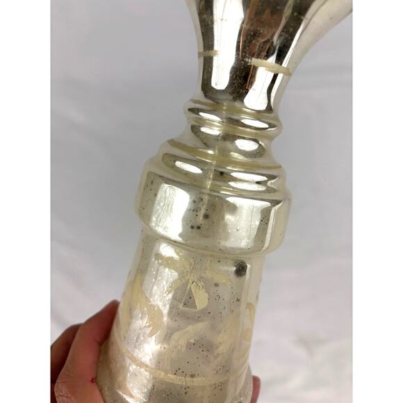 Antique Victorian Silver Hand Blown Mercury Glass Vase Floral Design 9" Tall - Picture 14 of 16